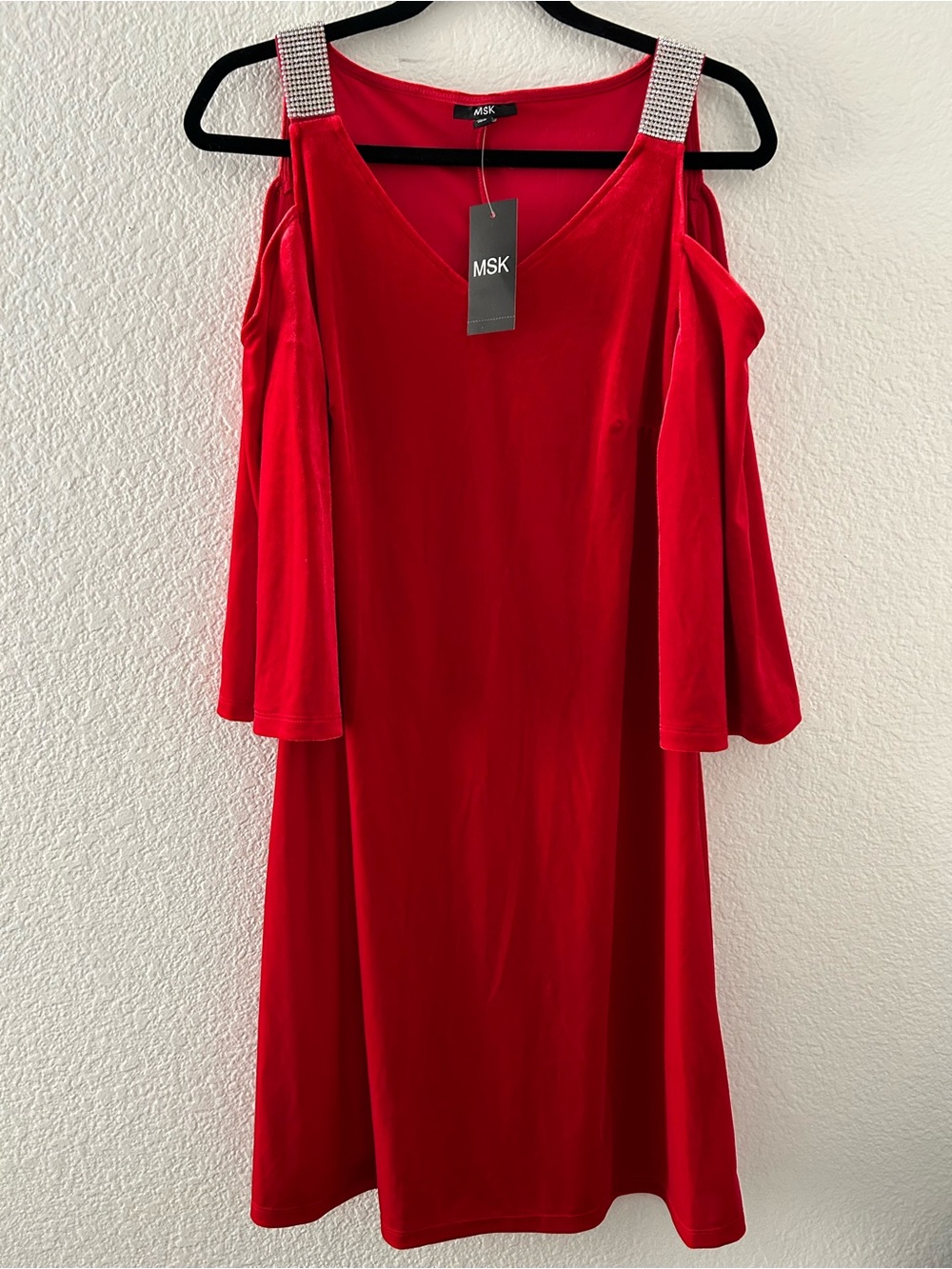 MSK Red One-Shoulder Velvet Dress with Rhinestone Straps NWT